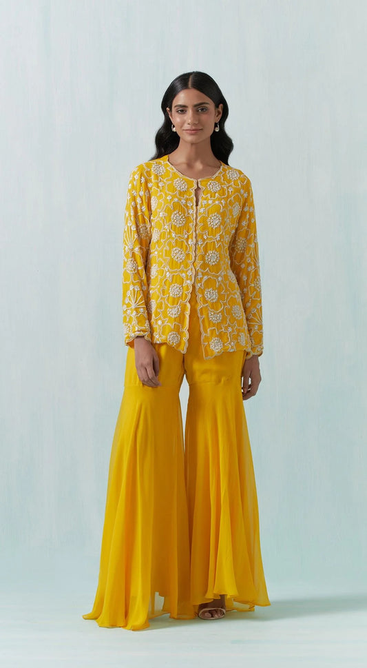 HAND EMBROIDERED MUSTARD JACKET KURTA WITH PANTS
