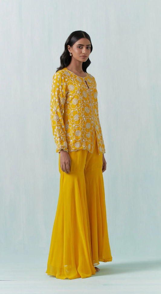 HAND EMBROIDERED MUSTARD JACKET KURTA WITH PANTS
