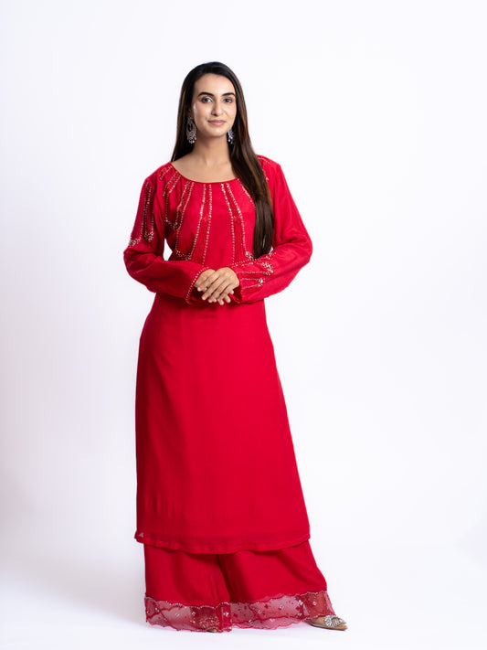 EMBELLISHED CO-ORD SET WITH ORGANZA SLEEVES KURTA AND PANT