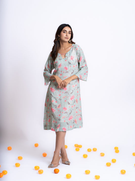 LINEN FLORAL PRINTED DRESS
