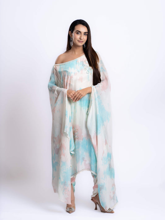 EMBELLISHED OFF -SHOULDER CO-ORD SET WITH KAFTAN SLEEVES KURTA AND DHOTI PANT