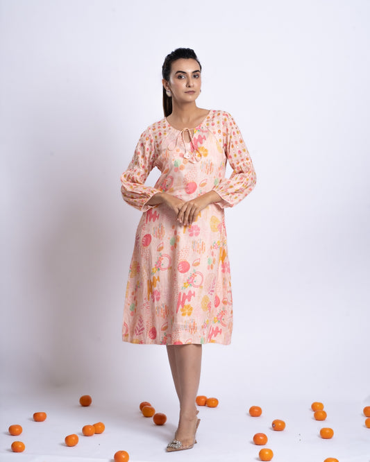 EMBROIDEDRED LINEN DRESS WITH BALLOON SLEEVES