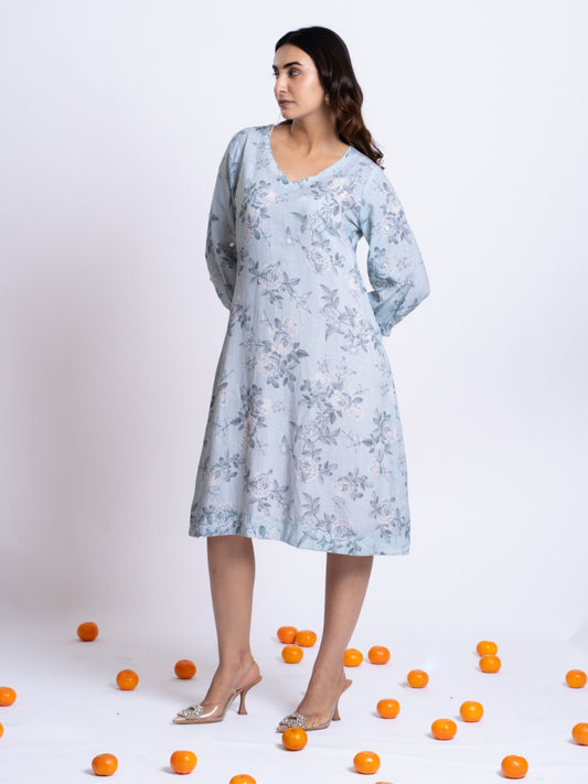 LINEN FLORAL PRINTED DRESS