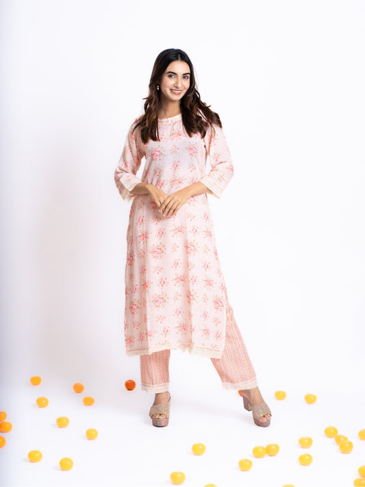 PEACH LONG KURTA CO-ORDINATE SET