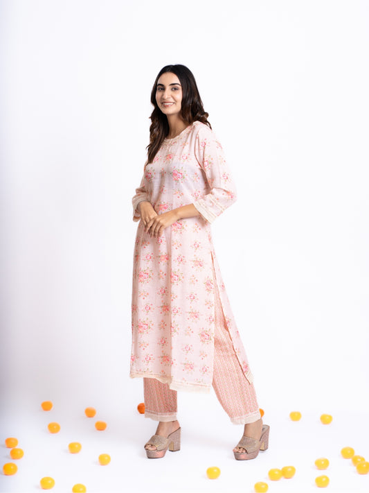 PEACH LONG KURTA CO-ORDINATE SET